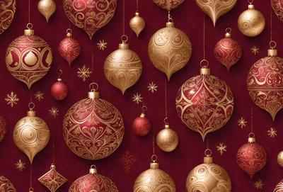The primary subject of the image is a collection of Christmas ornaments. These ornaments are hanging from a red background, creating a festive and holiday atmosphere. The ornaments are gold and red in color, adding a warm and celebratory touch to the scene. The visual style of the image is a combination of digital art and illustration, showcasing the intricate details of the ornaments and the overall composition of the scene.